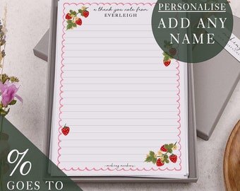 A5 Personalised Letter Writing Paper | Gift Box Set | French Strawberries with Scalloped Edge | Customise With Any Name | % Goes To Charity