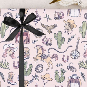 Rodeo Cowboy Wrapping Paper for Her | Wild West Country & Western Gift Wrap | FOLDED single sheet wrap in a matt finish with optional ribbon