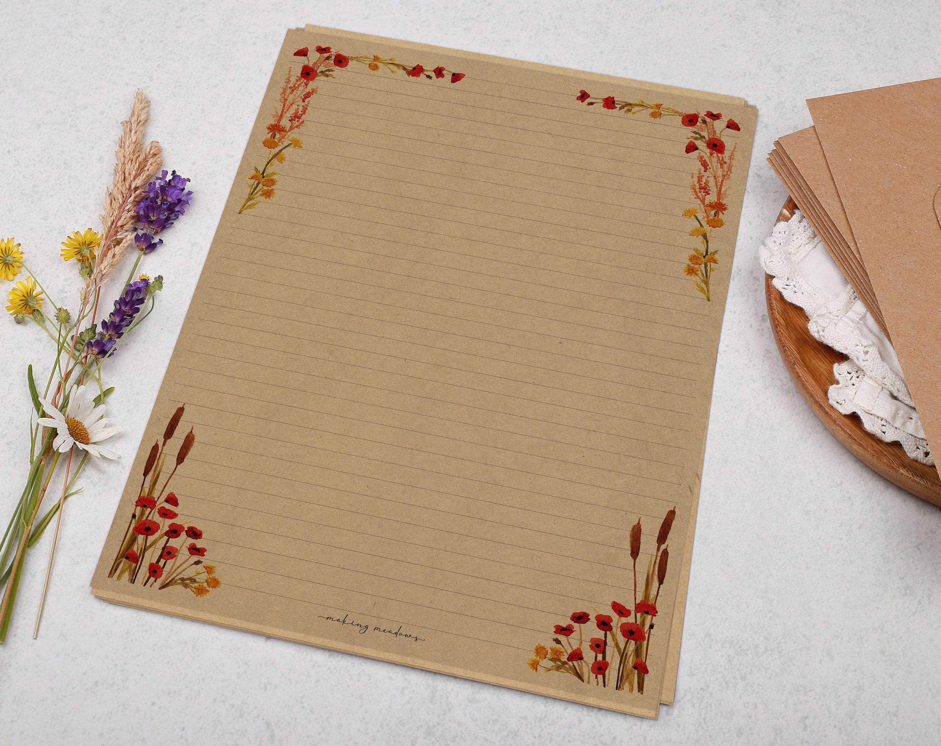 A4 Kraft Letter Writing Paper With Poppy Flowers - Lined or Unlined ...