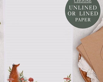 A4 Letter Writing Paper Sheets | Woodland Fox With Foliage and Mushrooms | Lined or Unlined Paper | Stationery Gift or Thoughtful Present