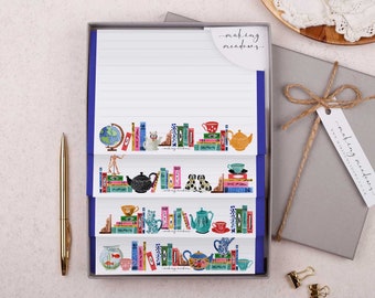 Letter Writing Set with envelopes | Gift Box or Flat Pack options | 32 writing paper sheets & 16 blue envelopes in a book shelf design