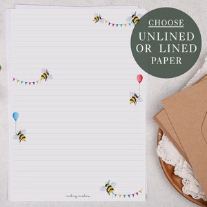A4 Letter Writing Paper Sheets | Cute bees with bunting & balloons | Lined or Unlined Paper | Stationery Gift or Thoughtful Present