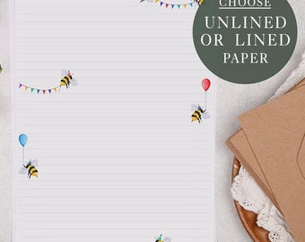 A4 Letter Writing Paper Sheets | Cute bees with bunting & balloons | Lined or Unlined Paper | Stationery Gift or Thoughtful Present