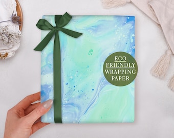Birthday Wrapping Paper With Blue Marble Design - Luxury Gift Wrap, Folded