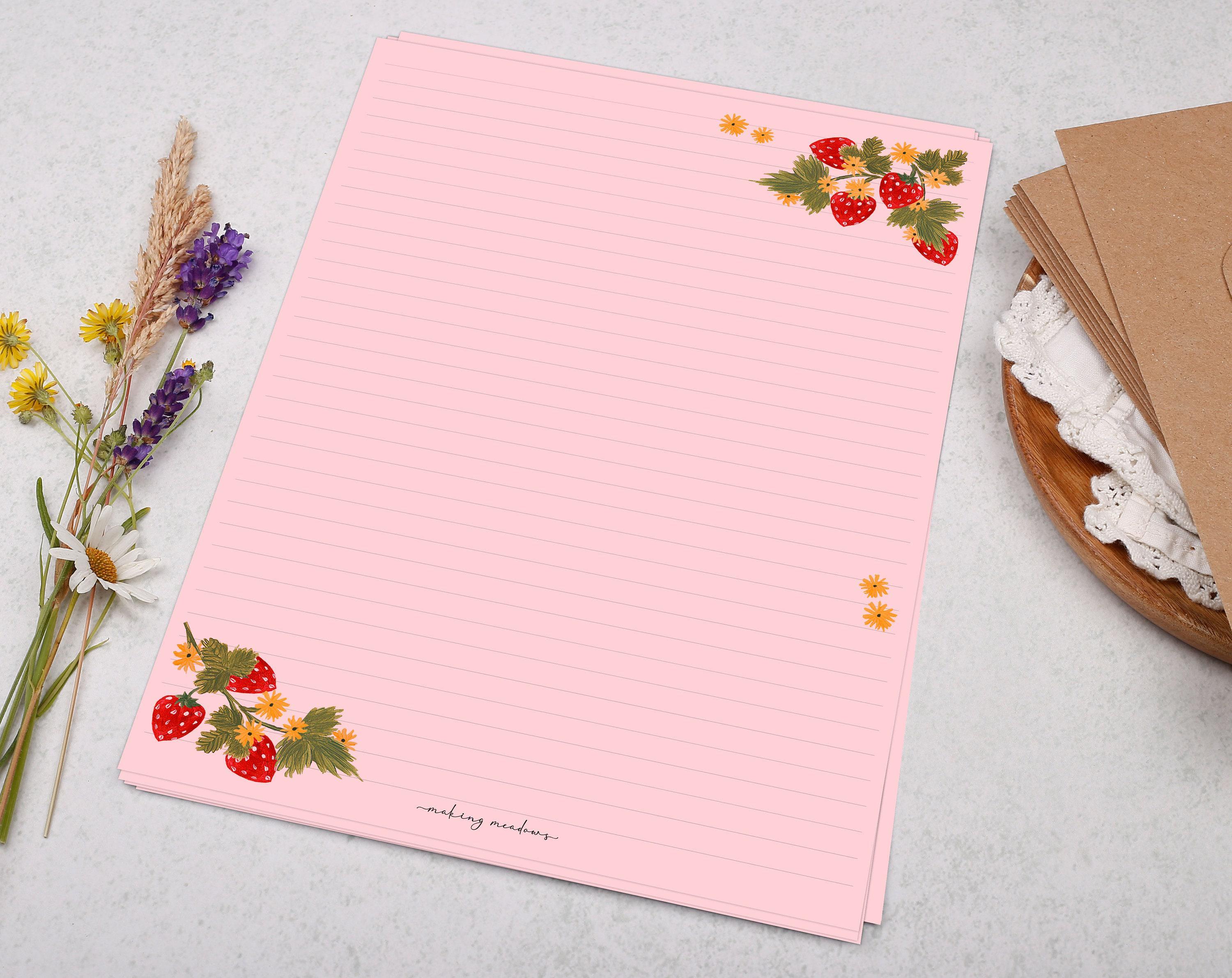 A4 Pink Letter Writing Paper With Floral Strawberry Border - Lined or ...