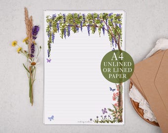A4 Letter Writing Paper With Purple Wisteria Flowers - Lined or Unlined Stationery Set