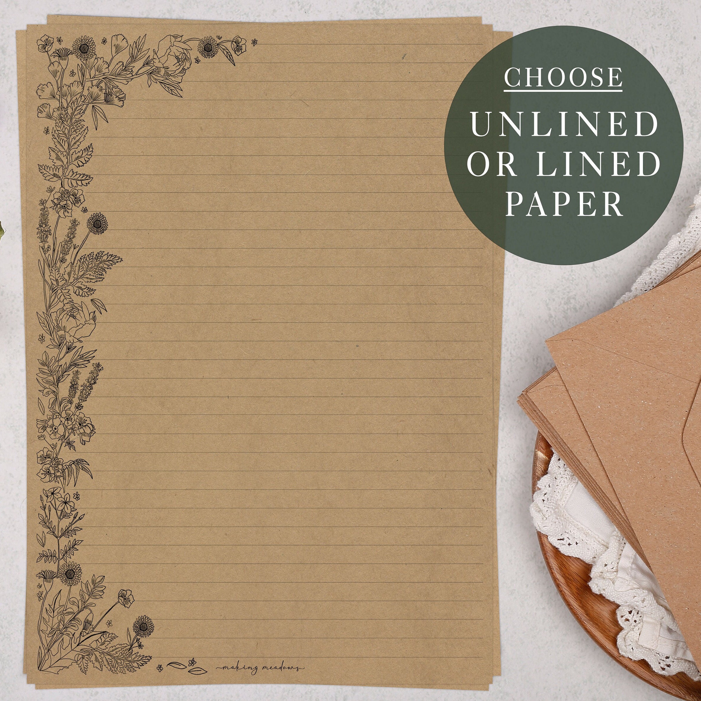 A4 Kraft Letter Writing Paper Sheets Floral Linear Flowers Letter