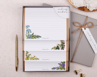 Letter Writing Set with envelopes - Gift Box or Flat Pack  - 32 letter writing paper sheets & 16 envelopes in a wild flower, floral design