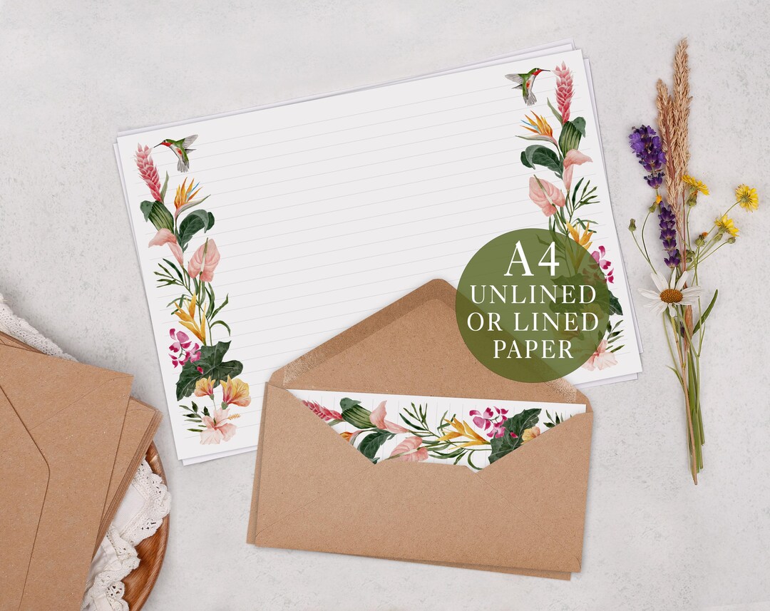 A4 Landscape Letter Writing Paper With Tropical Flowers & Hummingbird ...