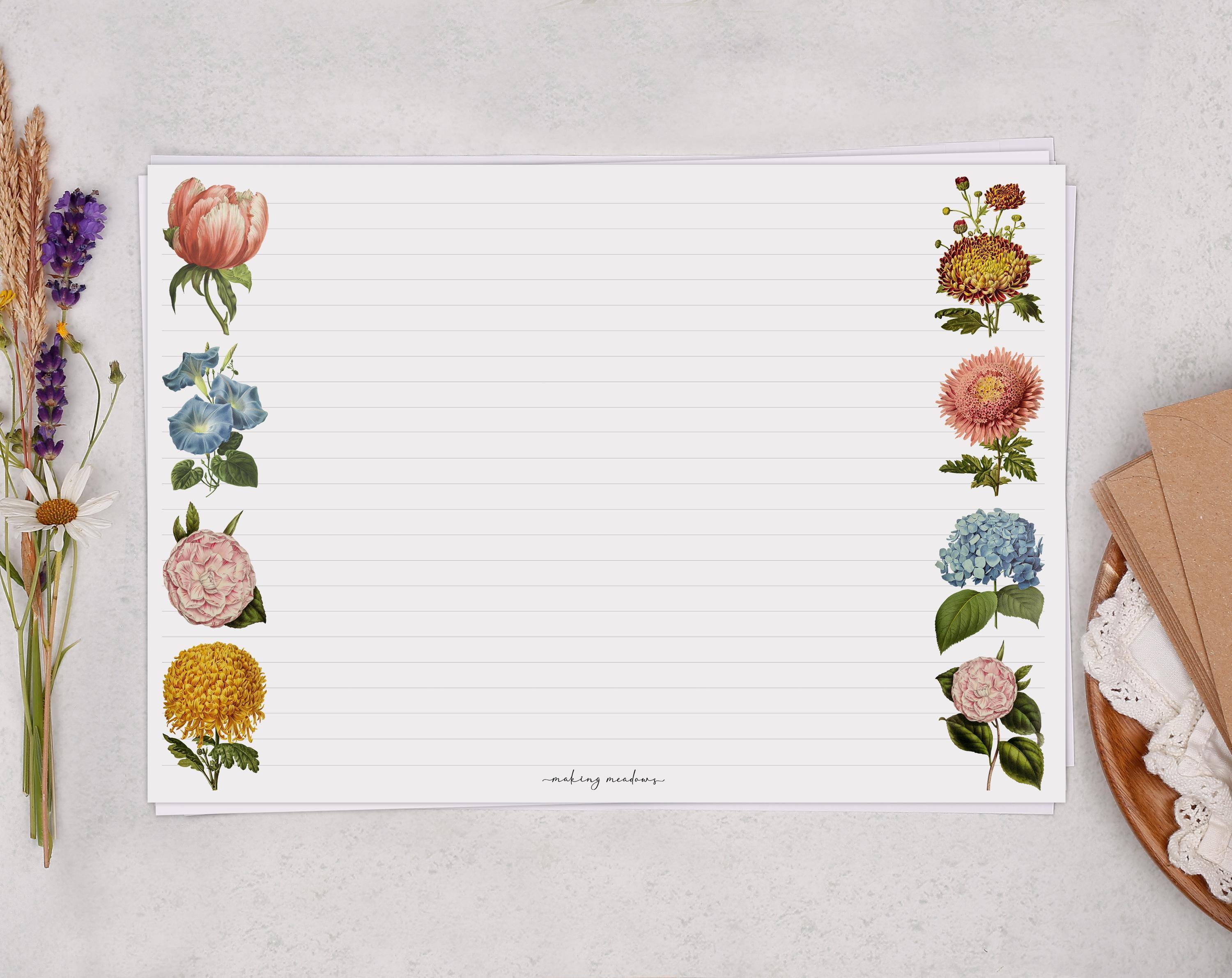 A4 Landscape Letter Writing Paper With Vintage Flower - Lined or ...