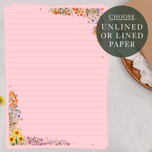 A5 Pink Letter Writing Paper Sheets | Floral Pink Garden Flower Border | Lined or Unlined Paper | Stationery Gift or Thoughtful Present