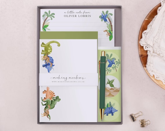 Children's Stationery Set Box with Personalised Letter Writing Paper in Green Dinosaur Design