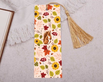 Autumn mushroom Bookmark with or without gold tassel - Double sided design - Makes the perfect Christmas gift for a book lover & keen reader