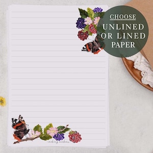 A5 Letter Writing Paper Sheets | Beautiful Butterfly & Flower Brambles  | Lined or Unlined Paper | Stationery Gift or Thoughtful Present