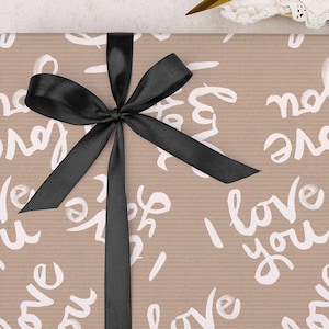 Valentine Wrapping Paper |  Kraft I Love You Anniversary Gift Wrap | FOLDED single sheet wrap in a premium matt finish | Add Ribbon
