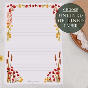 A5 Letter Writing Paper Sheets | Pretty Floral, Poppy Flower Border  | Lined or Unlined Paper | Stationery Gift or Thoughtful Present