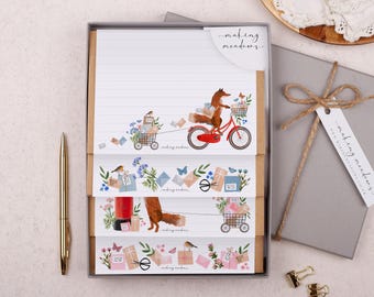 A5 Letter Writing Paper Fox Postman Design, Kraft Envelopes - Lined or Unlined Stationery Set