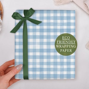 Birthday Wrapping Paper With Blue Gingham - Luxury Gift Wrap, Folded
