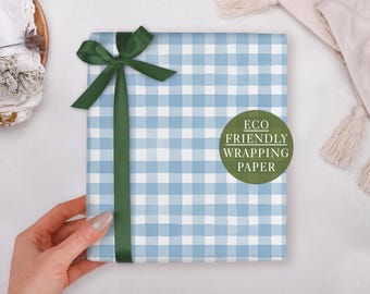 Birthday Wrapping Paper With Blue Gingham - Luxury Gift Wrap, Folded