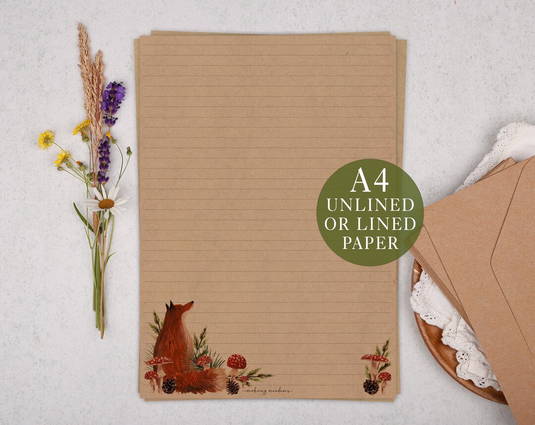 A4 Kraft Letter Writing Paper With Fox - Lined or Unlined Stationery ...
