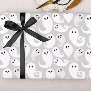 Halloween Wrapping Paper With Grey Ghosts - Luxury Gift Wrap, Folded image 3