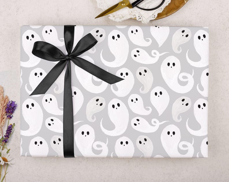 Halloween Wrapping Paper With Grey Ghosts - Luxury Gift Wrap, Folded image 3