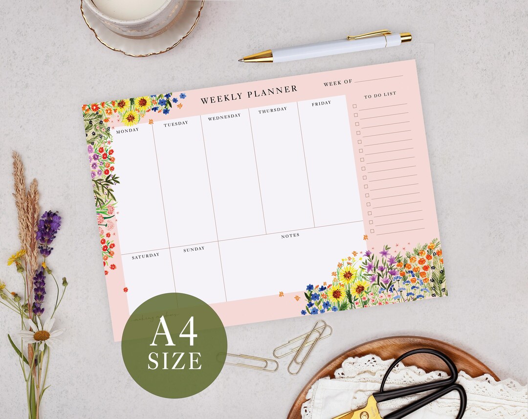 Weekly Planner Pad With Pink Floral Design - Office Desk Scheduling ...
