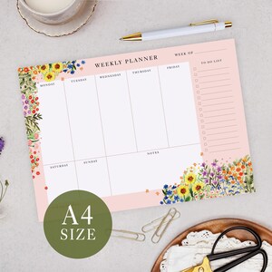 Weekly Planner Pad With Pink Floral Design - Office Desk Scheduling & List Planning (A4 Size)
