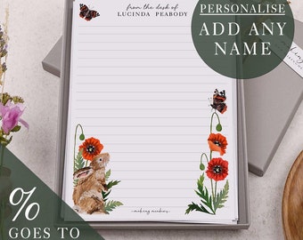 A5 Personalised Letter Writing Paper | Gift Box Set | Floral Poppy & Bunny Rabbit Design | Customise With Any Name | % Goes To Charity