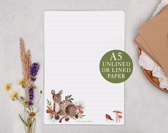 A5 Letter Writing Paper With Christmas Reindeer - Lined or Unlined Stationery Set