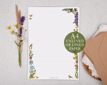 A4 Letter Writing Paper With Meadow Floral Flowers - Lined or Unlined Stationery Set