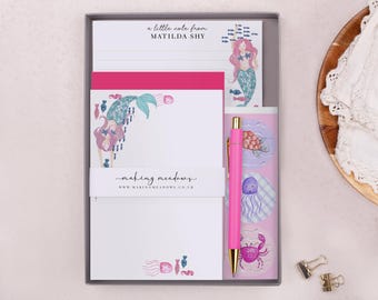 Children's Stationery Set Box with Personalised Letter Writing Paper in Pink Mermaid Design