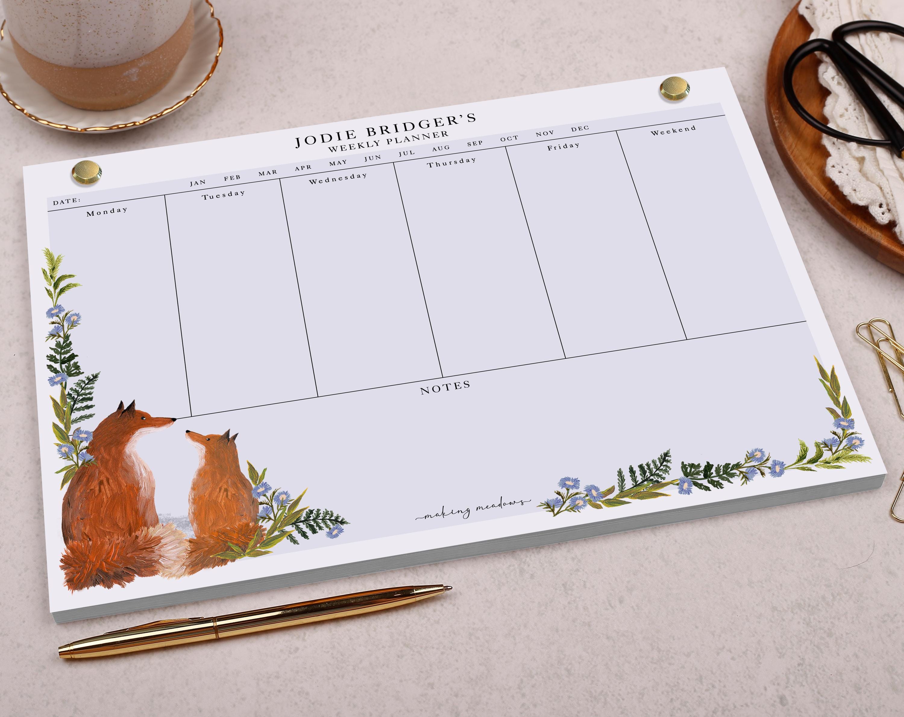 Personalised Weekly Planner Pad With Botanical Fox Design - Office Desk ...