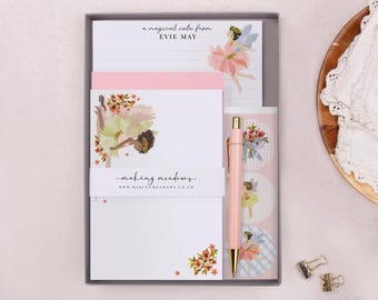 Children's Stationery Set Box with Personalised Letter Writing Paper in Pink Fairy Design