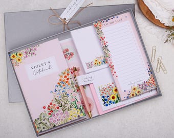 Personalised Pink Floral Stationery Gift Box - Notebook, To Do List Pad, Envelopes, Pen & Stickers