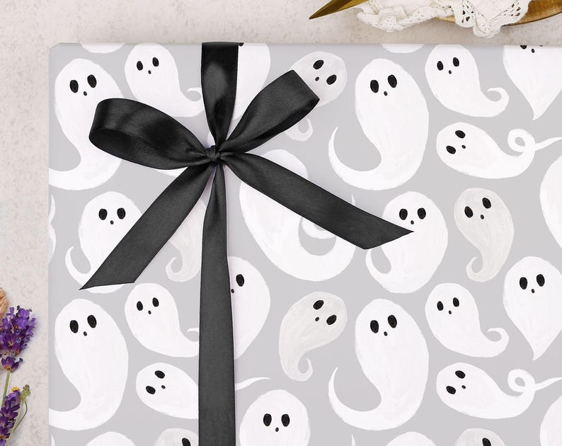 Halloween Wrapping Paper With Grey Ghosts - Luxury Gift Wrap, Folded image 2