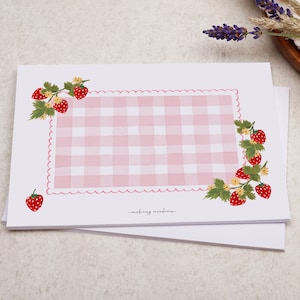 C6 Decorated Envelopes | Cute Pink Gingham & Strawberry Design | Gummed Diamond Flap 100gsm Envelope | Letter Writing Patterned Envelope