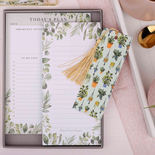 Botanical Stationery Gift box - Christmas gift for her - Daily planner pad, To do list notebook & bookmark with tassel