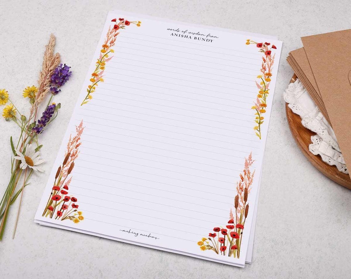 A4 Personalised Letter Writing Paper With Floral Poppy & Reed - Lined ...