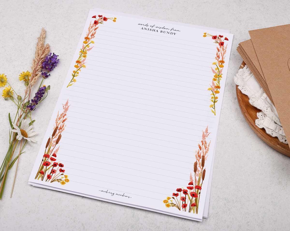 A4 Personalised Letter Writing Paper With Floral Poppy & Reed - Lined ...