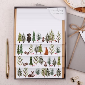 Letter Writing Set with envelopes - Gift Box or Flat Pack  - 32 letter writing paper sheets & 16 envelopes in a cute woodland animal design