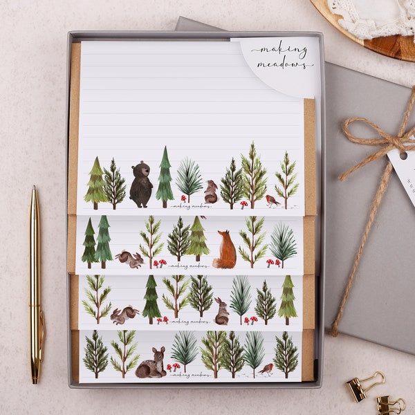 Letter Writing Set with envelopes - Gift Box or Flat Pack  - 32 letter writing paper sheets & 16 envelopes in a cute woodland animal design