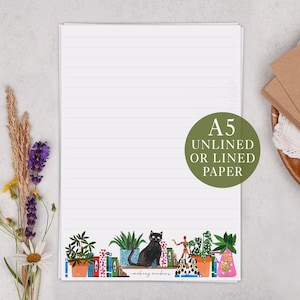 A5 Letter Writing Paper With Black Cat on Book - Lined or Unlined Stationery Set
