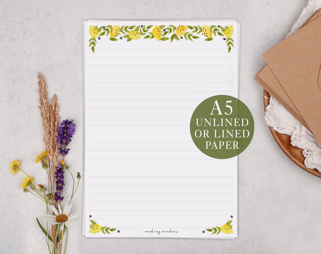 A5 Letter Writing Paper With Mediterranean Lemon Border - Lined or ...