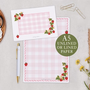 A5 Letter Writing Paper & Matching Envelopes In Strawberry Gingham - Lined or Unlined Stationery Set