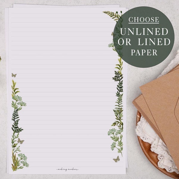 A4 Letter Writing Paper Sheets | Botanical Foliage Garden Border  | Lined or Unlined Paper | Stationery Gift or Thoughtful Present