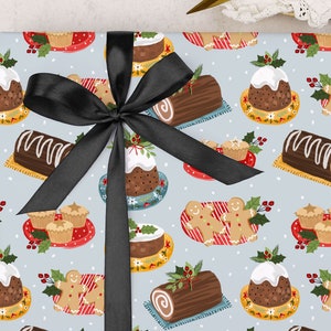 Christmas Wrapping Paper | Mince Pie & Figgy Pudding Food Gift Wrap | FOLDED single sheet wrap in a beautiful matt finish with added ribbon