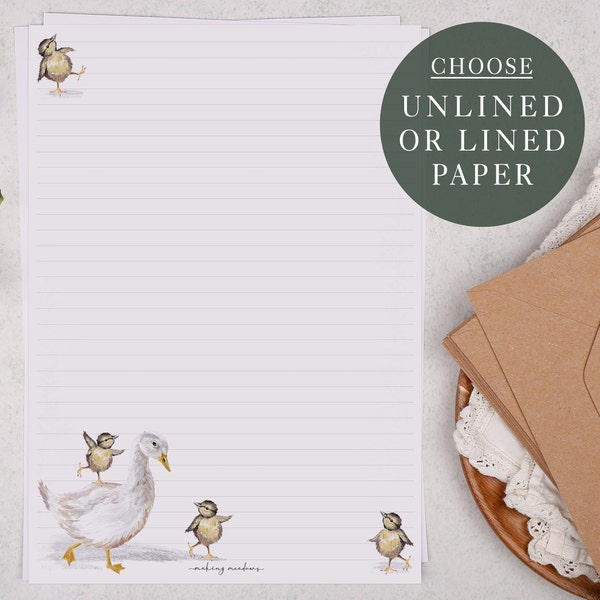 A4 Letter Writing Paper Sheets | Watercolour Goose & Chicks | Lined or Unlined Paper | Writing Paper with Envelopes | Stationery Gift Set