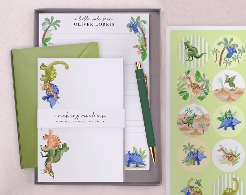 Childrens Stationery Set Gift with Personalised Stationery with Dinosaur Design