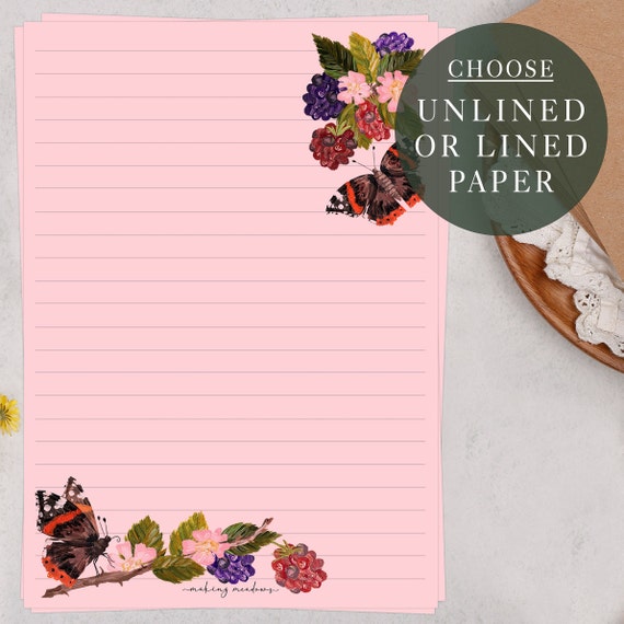 A5 Pink Letter Writing Paper Sheets Beautiful Butterfly & Flower